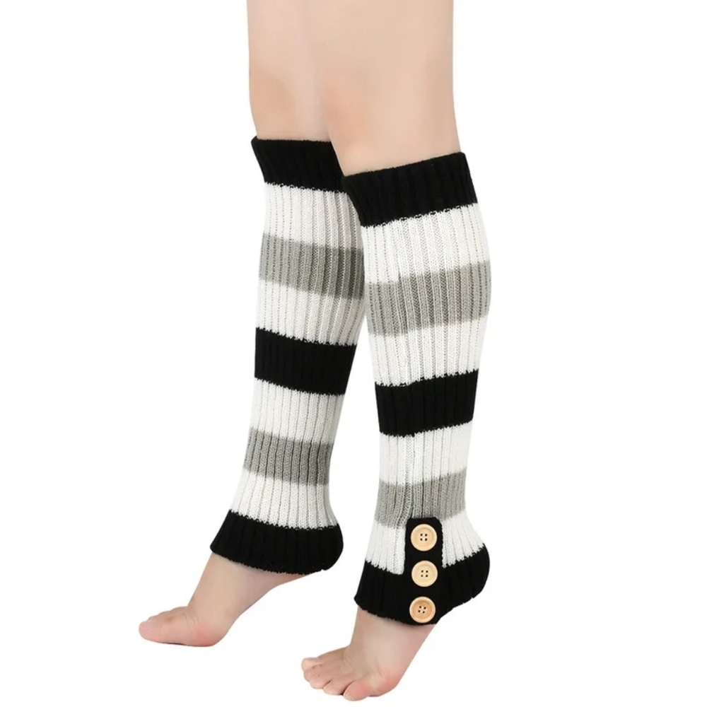 Striped Rib Knit Leg Warmers Button Accents